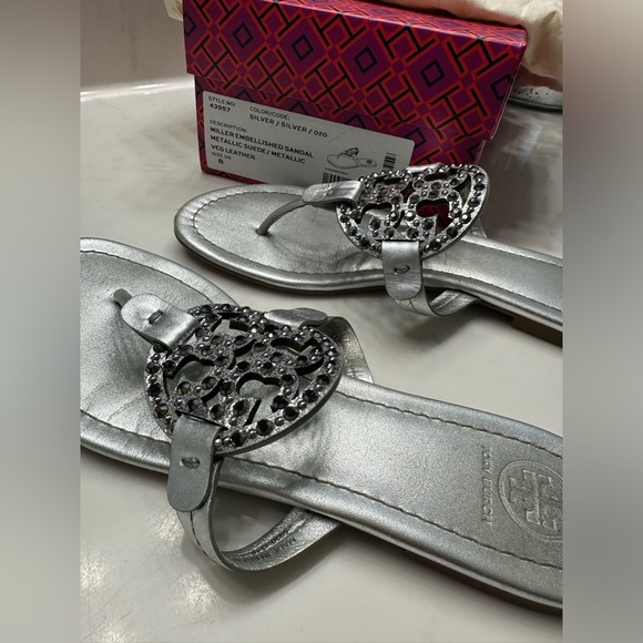 Tory Burch Miller Embellished Sandal-Metallic Suede Veg Leather #8 - Picture 5 of 15